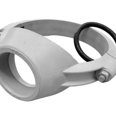 uPVC Tapping Band – reinforced plastic and fibreglass clamp fitting with female threaded outlet for pipe tapping or sprinkler connection, available in 80 mm – 250 mm.