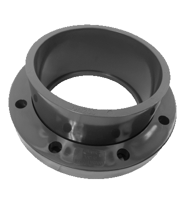 uPVC Van Stone Flange – grey PVC high-pressure flange with rotating ring and multiple drill patterns, compatible with Table D and Table E standards, available in sizes 200 mm – 375 mm.