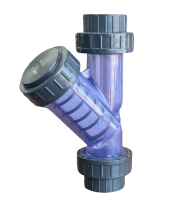 uPVC Double Union Clear Y Filter – transparent PVC Y-shaped filter with solvent weld ends, designed for water, pool, and aquaculture filtration systems, available in 20 mm–50 mm sizes.